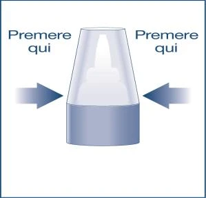 Illustrazione di un dispositivo medico con due frecce blu laterali che indicano di premere sui lati con la scritta Premere qui