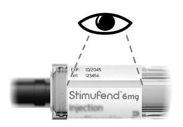 Крупный план ампулы Stimufend 6 мг Injection с датой окончания срока годности 10/2045 и номером партии 123456 под колпачком
