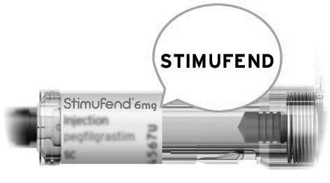 Предварительно заполненный шприц Stimufend 6 мг pegfilgrastim SC с белым пузырём, содержащим надпись STIMUFEND чёрными заглавными буквами