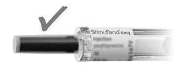 Крупный план предварительно заполненного шприца Stimufend 6 мг с серым галочкой, расположенной над конечной частью устройства