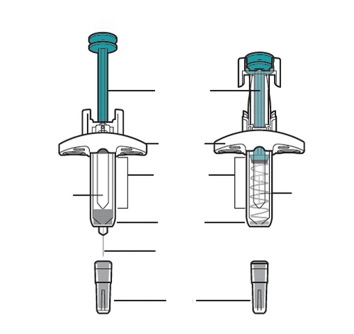 Technical diagram showing two versions of a medical device with syringe, plunger, transparent body, and lower protective cap