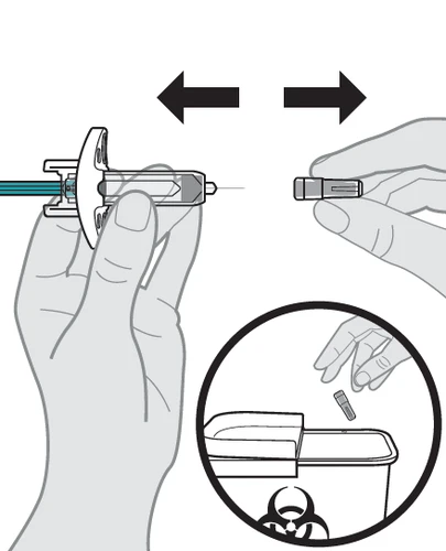 Technical drawing showing hands attaching a cap to a syringe and subsequent disposal into a biohazard waste container