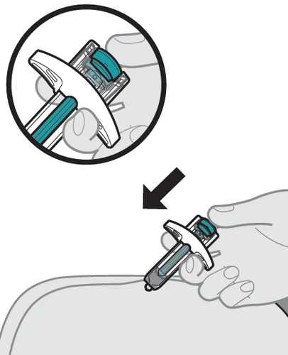 Medical illustration showing a hand holding an auto-injector to apply it to the skin of the thigh with a directional arrow