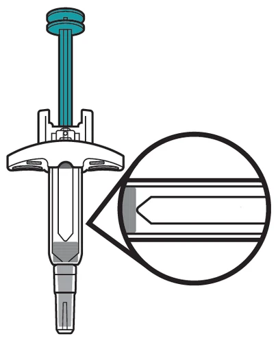 Technical drawing of a medical auto-injector with a circular magnification showing a detailed view of the tip