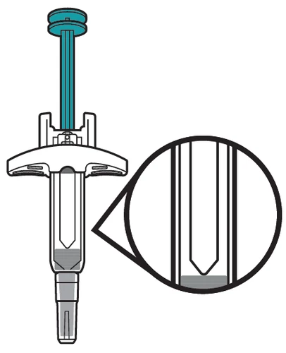 Technical illustration of a syringe with a blue plunger and a circular magnification showing a detailed view of the tip