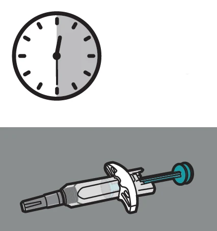 Icon of an analog clock with the hour hand at noon and a medical injection device with syringe and blue cap