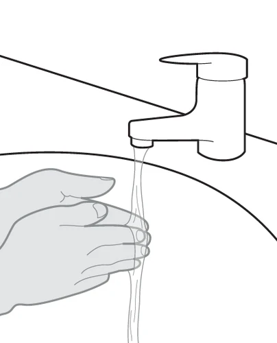 Line drawing of two hands washing under a water stream