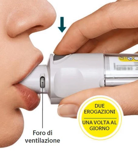 A hand holding a white medical device against a person's lips near a ventilation hole, with text indicating two doses per day
