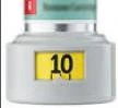 White pharmaceutical vial with a light blue top label and a central yellow box displaying the number 10 in black