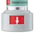 Medical vial with white body and a red rectangular window showing a white arrow pointing downward