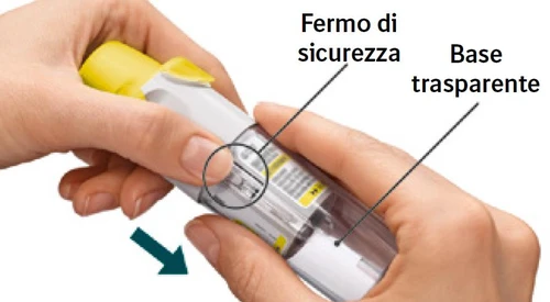 Two hands holding a medical device with a safety lock and transparent base, indicated by arrows and explanatory labels on a white background