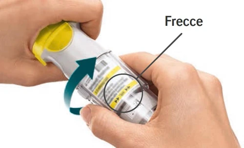 Two hands holding a cylindrical medical device with highlighted yellow arrows inside a circle and a blue curved arrow indicating rotational movement