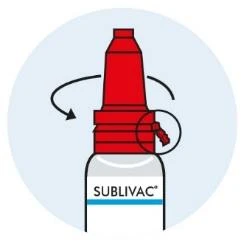Diagramma che mostra come ruotare la parte superiore rossa di un flacone SUB LIVAC per aprirlo con una freccia nera curva che indica il movimento