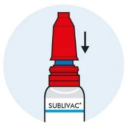 Иллюстрация флакона лекарственного препарата Sublivac с красной крышкой и черной стрелкой, направленной вниз, указывающей на него