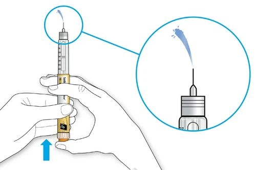 Two hands holding a pre-filled syringe with a close-up showing the tip with a droplet of liquid emerging