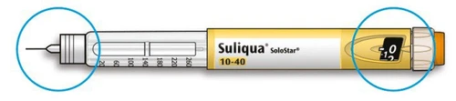Suliqua SoloStar injection pen with dosage 10-40, with instructions on the tip of the