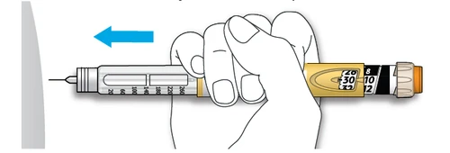 A hand holding an injection pen with a light blue arrow indicating movement to the left for