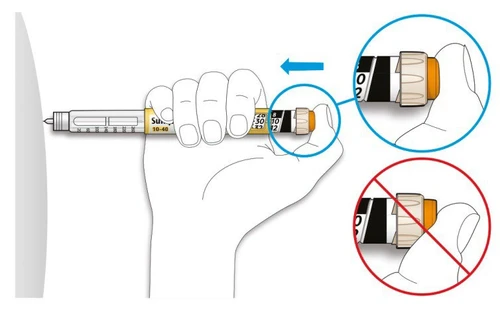 A hand holding an injection pen horizontally with thumb on the dial, showing comparison between correct and incorrect positioning