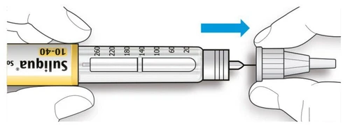 Two hands holding a pre-filled syringe to attach the protective cap, with a blue arrow indicating the direction of movement