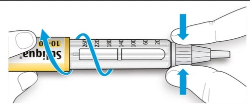 Hands holding an injection pen with blue arrows indicating rotational movement and finger pressure on the ends