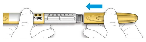 Two hands holding an insulin pen split into two parts, with a blue arrow indicating insertion of the right part into the left