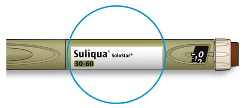 Suliqua SoloStar injection pen with dose indicator 30-60 highlighted by a blue circle on a neutral background