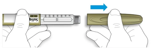 Two hands showing how to rotate the upper part of a Suliqua injection pen to the right as indicated by a blue arrow