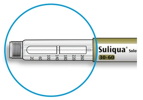Detail of a Suliqua Solo injection pen with a graduated scale numbered from 20 to 260 for drug dosing