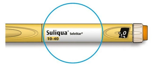 Yellow and white Suliqua SoloStar injection pen with dosage indication 10-40 and dose display window on a white background