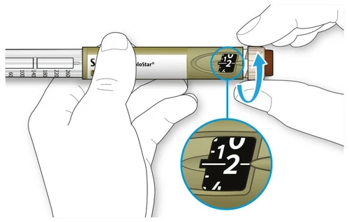 Two hands holding an injection pen with a close-up showing the graduated scale with numbers 0, 1, and 2 and a curved blue arrow
