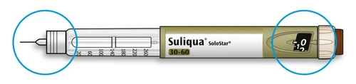 Suliqua SoloStar injection pen with graduated scale from 0 to 260 units and digital dose display highlighted by blue circles