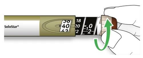 A hand rotating the end part of a SoloStar injection pen to the right following a green arrow to adjust the numerical dosage