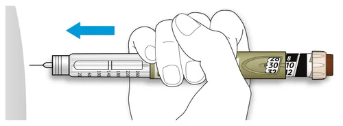 A hand holding a transparent injection pen with a graduated scale, moving it to the left as indicated by a blue arrow