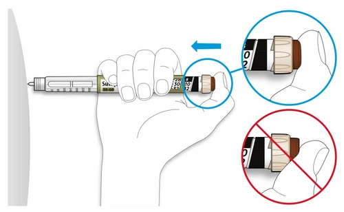 Illustration showing correct hand grip on an injection pen with thumb at the base, and a crossed-out incorrect example in red