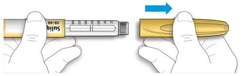 Two illustrations show a hand holding an injection pen, removing the golden cap to the right as indicated by a blue arrow