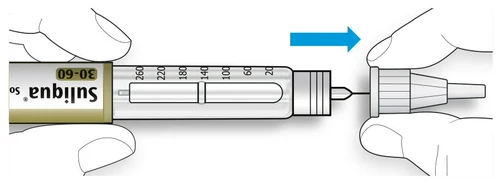 Two hands holding a Suliqua pre-filled syringe and a protective cap, with a blue arrow indicating the cap removal movement