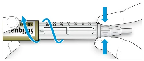 Two hands holding an injection pen with blue arrows indicating downward pressure and rotational movement