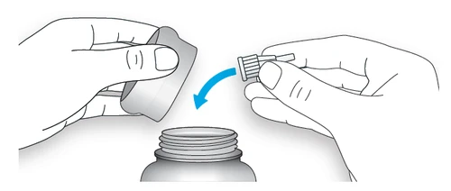 Two hands removing a protective cap from a medical vial following the direction of a curved blue arrow