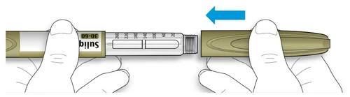 Two hands holding the ends of an injection pen to join them, with a blue arrow indicating a sliding movement to the left