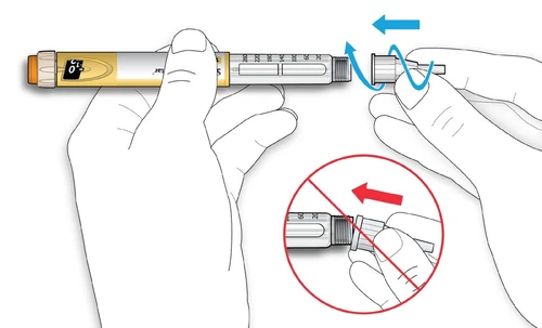 Hands rotating the cap of an injection pen to the left with blue arrows and a red circle with a slash indicating it should not be done