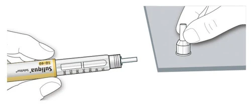 Two illustrations show a hand holding a Suliqua SoloStar injection pen and a