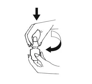 Disegno in bianco e nero che mostra due mani che ruotano il tappo di un flaconetto seguendo una freccia curva verso sinistra
