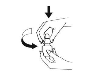 Disegno in bianco e nero che mostra due mani che tengono un flacone mentre una freccia indica il movimento di apertura verso l'alto