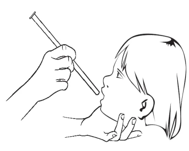 Disegno lineare di una mano che tiene un contagocce sopra la bocca aperta di una bambina per somministrare un medicinale liquido