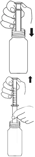 Technical drawing showing two phases: a hand pushing the plunger of a syringe into a vial and the