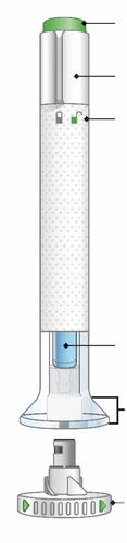 Diagramma tecnico di una penna iniettiva con componenti evidenziati da linee nere, tra cui il cappuccio verde e la base con indicatori verdi
