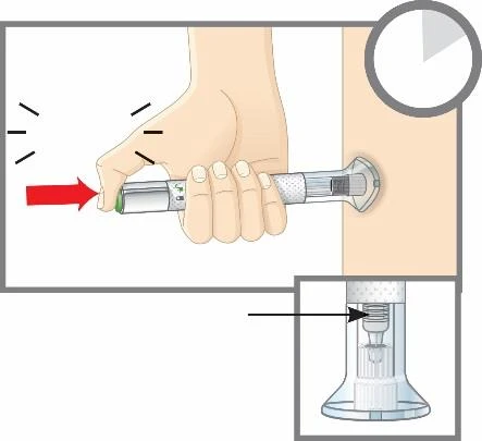 Una mano impugna un dispositivo medico per l'iniezione premendo l'estremità posteriore contro la pelle della coscia con una freccia rossa che indica la pressione