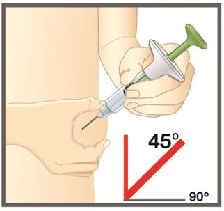 Una mano tiene una siringa per inserirla nel gluteo con un angolo di 45 gradi indicato da una linea rossa diagonale e una linea nera a 90 gradi