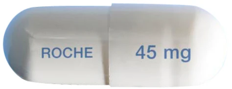 White capsule with the word ROCHE in blue on the left half and the label 45 mg in blue on the right half