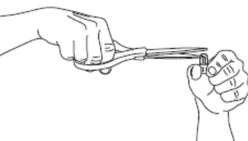 Line drawing of two hands using scissors to cut a small metal ring or a plastic safety seal
